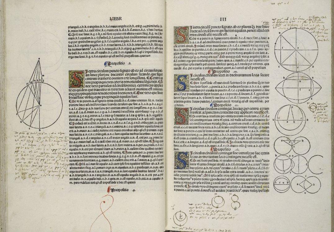 &lt;strong&gt;Figure 1.&lt;/strong&gt; A spread of pages from an edition of Euclid’s &lt;em&gt;Elements&lt;/em&gt; that was printed in Venice in 1482, with extensive mathematical illustrations. Throughout the centuries, readers of the text added their own notes in the margins. This edition is on exhibit at the &lt;a href= &quot;https://www.folger.edu&quot;&gt; Folger Shakespeare Library&lt;/a&gt; in Washington, D.C., this summer. Figure courtesy of the Folger Shakespeare Library.