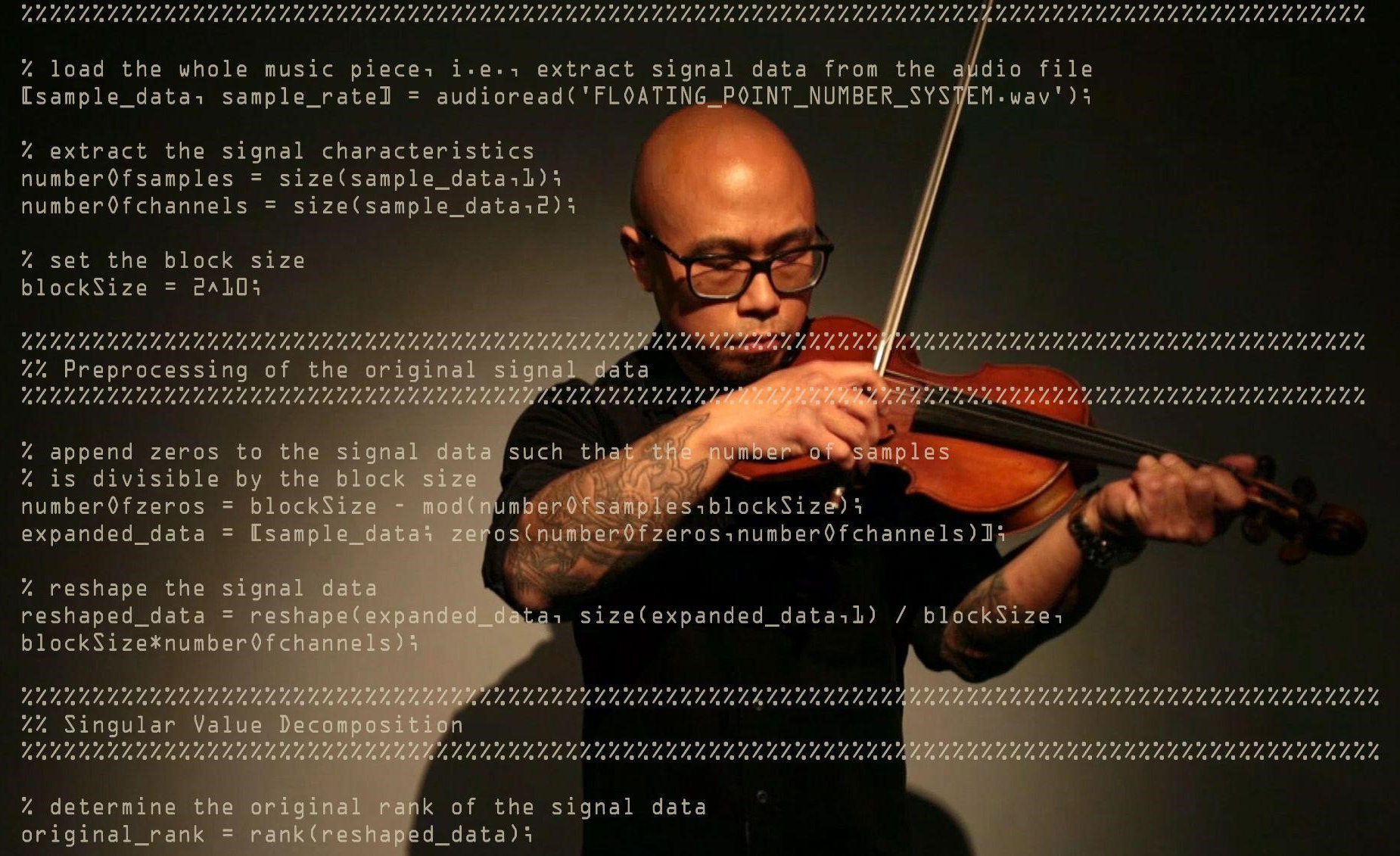 &lt;strong&gt;Figure 1.&lt;/strong&gt; The multimedia livestreamed performance of Singular Value Decomposition—developed in 2021 by artist Janet Biggs, mathematician Agnieszka Międlar, and physicist Daniel Tapia Takaki—featured music and dance interpretations by multiple artists, including violinist Earl Maneein (pictured here). Photo courtesy of Janet Biggs.