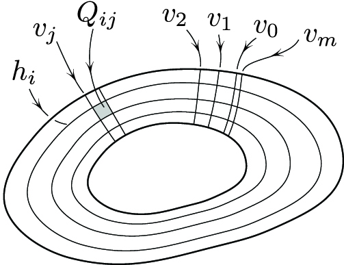 &lt;strong&gt;Figure 5.&lt;/strong&gt; Subdivision of \(A\) into infinitesimal squares \(Q_{ij}\). Concentric “horizontal” lines \(h_i\) are equipotentials. Steepest descent “vertical” current lines \(v_j\) are added in a counterclockwise direction until the last line \(v_m\). The “square” \(Q_{ij}\) is bounded by \(h_{i-1}, h_{i}\) and \(v_{j-1}, \ v_j\).