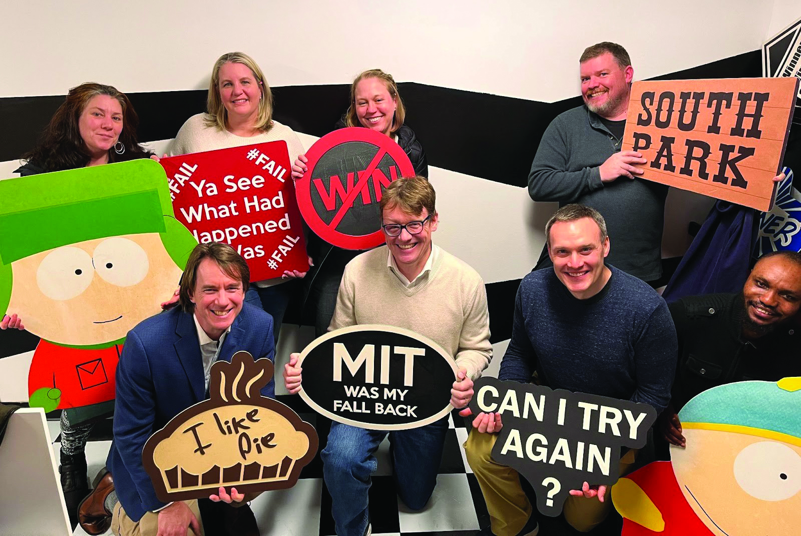 After the 2023 Joint Mathematics Meetings, which took place in Boston, Mass., in January, several attendees tried their luck in an escape room challenge. Top row, left to right: Kathleen Kavanagh (Clarkson University), Karen Bliss (Senior Manager of Education and Outreach at SIAM), Karen Yokley (Elon University), and Nick Luke (North Carolina Agricultural and Technical State University). Bottom row, left to right: Richard Moore (Director of Programs and Services at SIAM), SIAM President Sven Leyffer (Argonne National Laboratory), Ben Galluzzo (Clarkson University), and Adewale Adeolu (Clarkson University). Photo courtesy of Sven Leyffer.