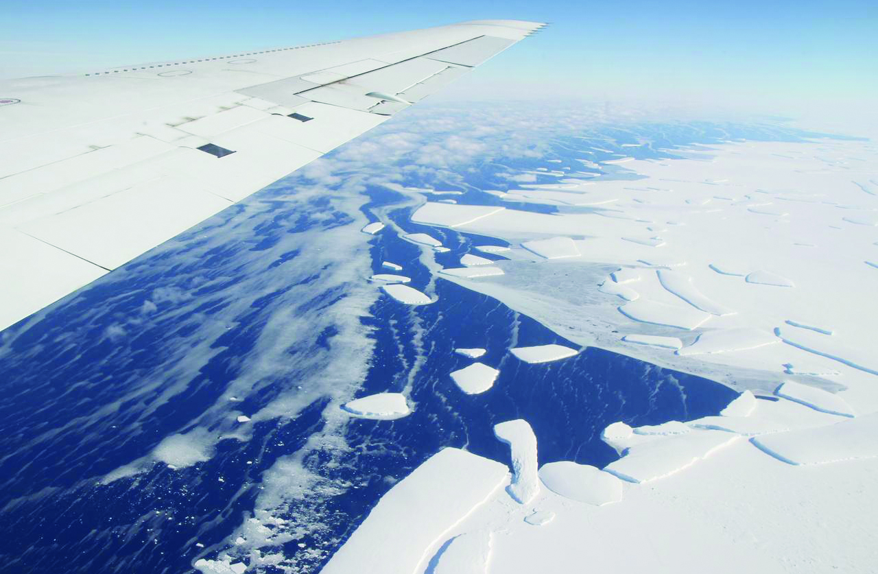 &lt;strong&gt;Figure 1.&lt;/strong&gt; Aerial view of the West Antarctic ice shelf in 2012, with calving icebergs. Modeling the rate of ice loss from these types of formations requires the estimation of certain parameters that often cannot be measured directly. Photo courtesy of NASA/GSFC/Jefferson Beck.