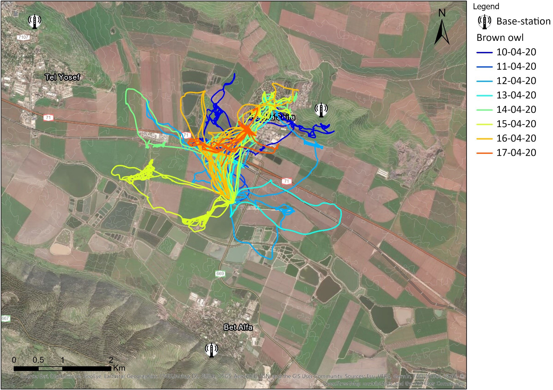 &lt;strong&gt;Figure 2.&lt;/strong&gt; Track patterns of a barn owl, as estimated by ATLAS. Each color represents a separate night. Figure courtesy of Shlomo Cain and Orr Spiegel.