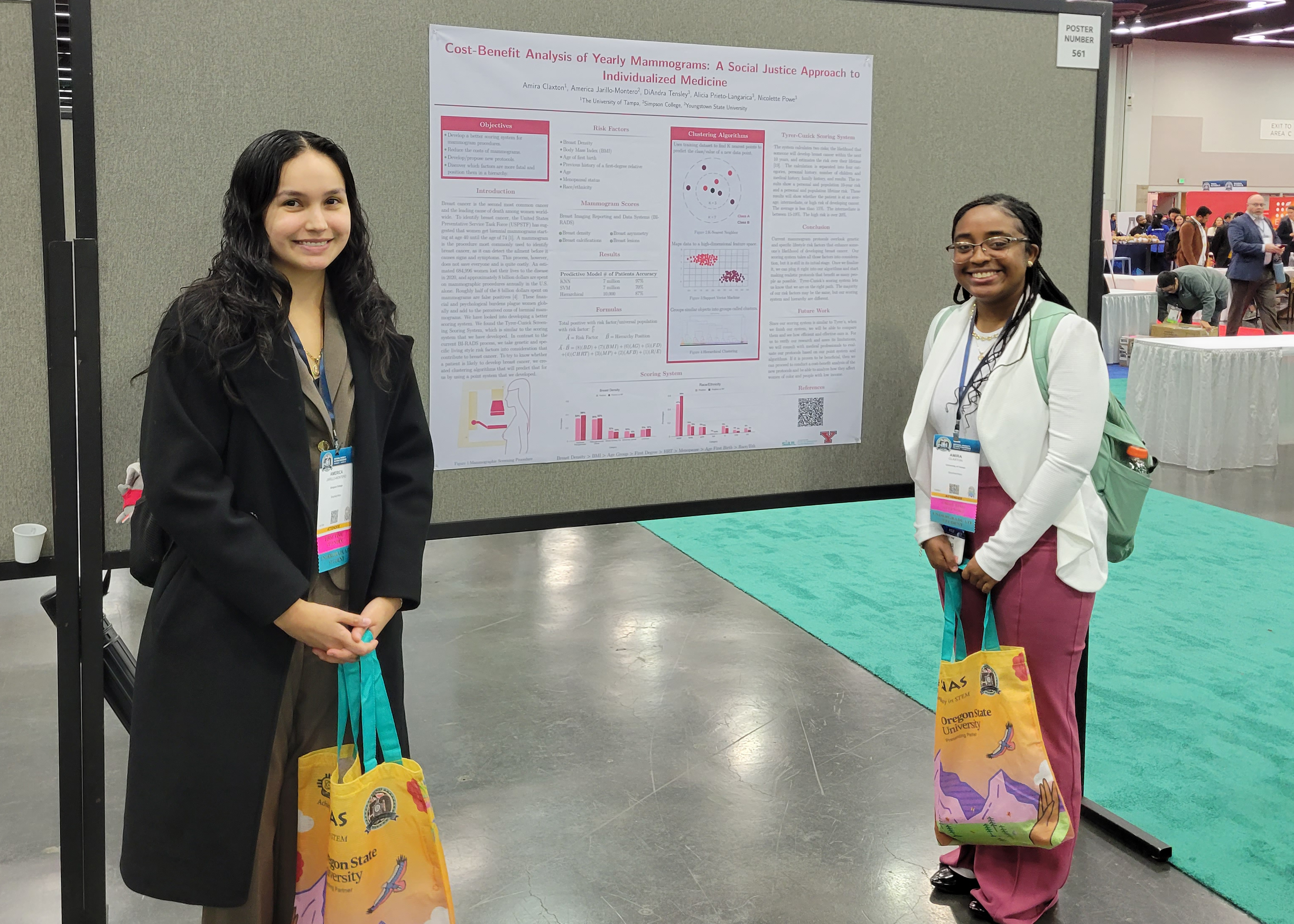 During the 2023 SIAM-Simons Undergraduate Summer Research Program, America Jarillo-Montero (left) of Simpson College and Amira Claxton of the University of Tampa utilized clustering algorithms and classification methods to study breast cancer risk factors and screening techniques. They conducted their research under the direction of mentor Alicia Prieto-Langarica of Youngstown State University. Here, Jarillo-Montero and Claxton present a poster of their results at the SACNAS National Diversity in STEM Conference, which took place in October in Portland, Ore. Photo courtesy of Alicia Prieto-Langarica.