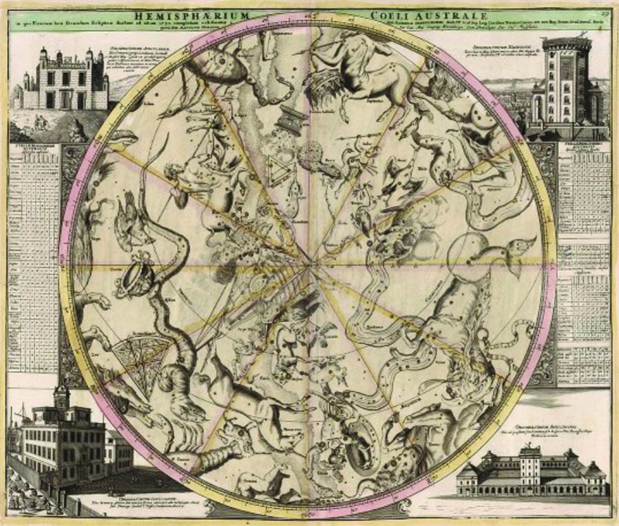 &lt;strong&gt;Figure 2.&lt;/strong&gt; Plate 19 of Doppelmayr’s &lt;em&gt;Atlas Coelestis&lt;/em&gt;, “The Southern Hemisphere of the Heavens, Determined in Relation to the Ecliptic.” Note the corner illustrations of the observatories in Greenwich, Copenhagen, Kassel, and Berlin. Figure courtesy of &lt;a href=&quot;https://www.davidrumsey.com/&quot; rel=&quot;noopener noreferrer&quot; target=&quot;_blank&quot;&gt;davidrumsey.com&lt;/a&gt;.